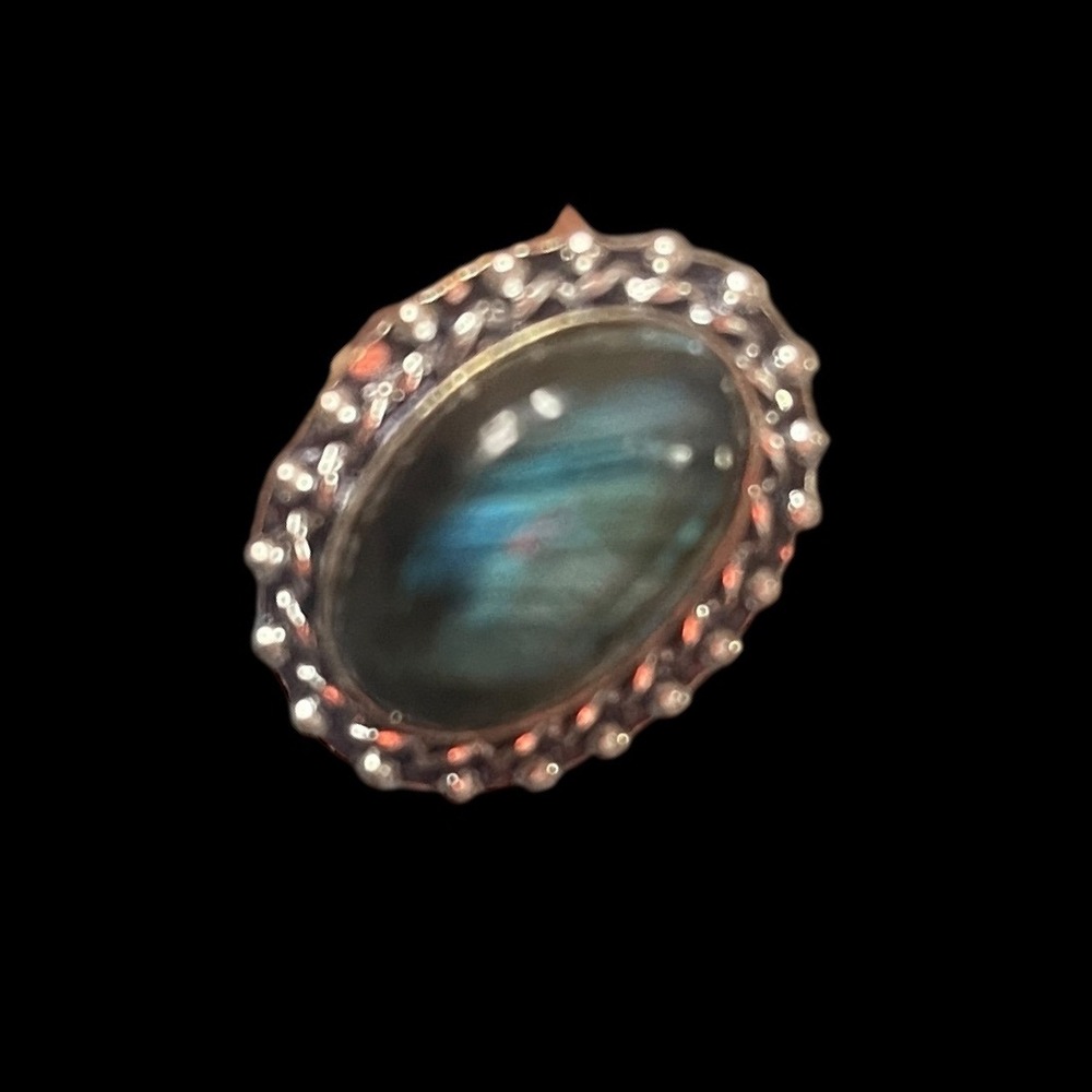 Vintage Style Labradorite Ring Ornate Sterling Silver – Bold Oval Cabochon Sz 8 - Picture 5 of 6